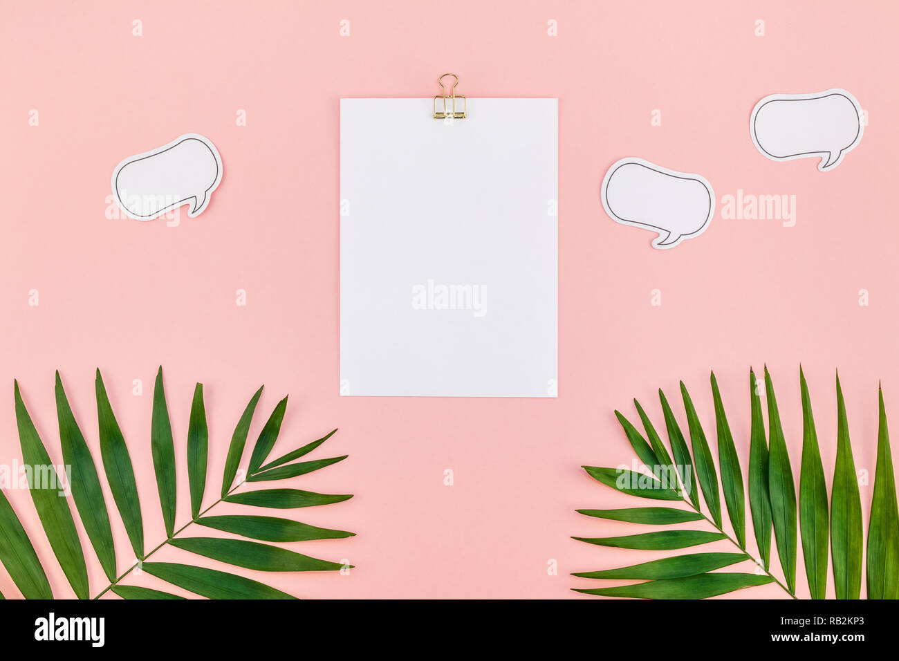 Creative flat lay top view mock up blank paper sheet postcard clip ...