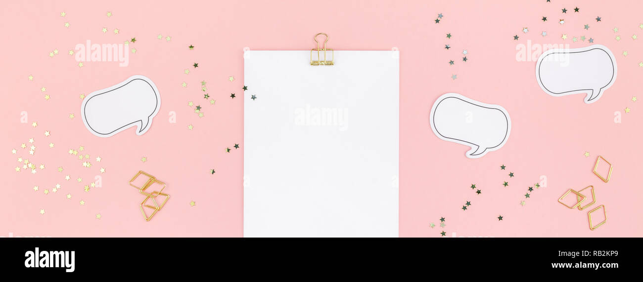 Creative flat lay top view mock up blank paper sheet postcard clip ...