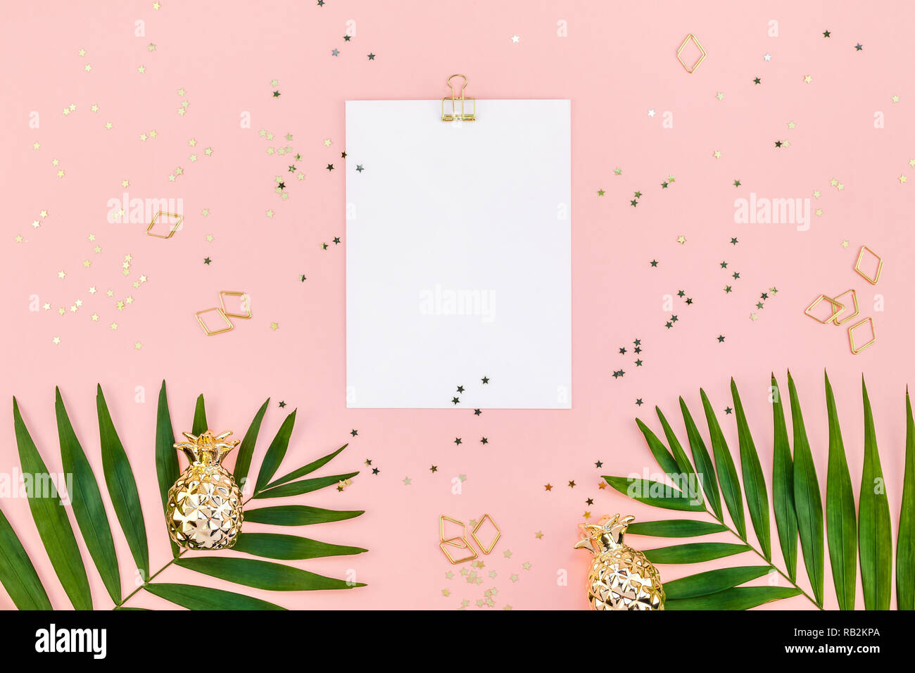 Creative flat lay top view mock up blank paper sheet postcard clip ...