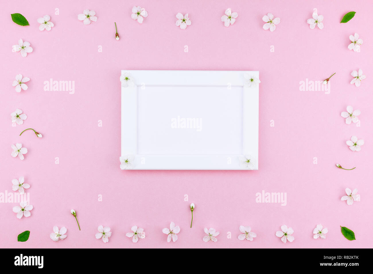 Creative flat lay concept top view of blank frame mock up and cherry ...