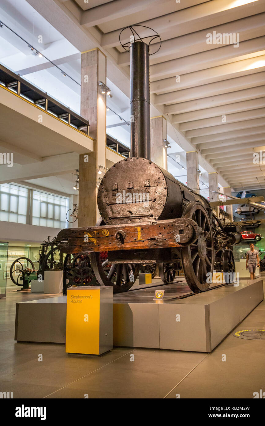 The original Stephenson's Rocket steam train on display in the Science Museum, London, England on 26 July 2014 Stock Photo