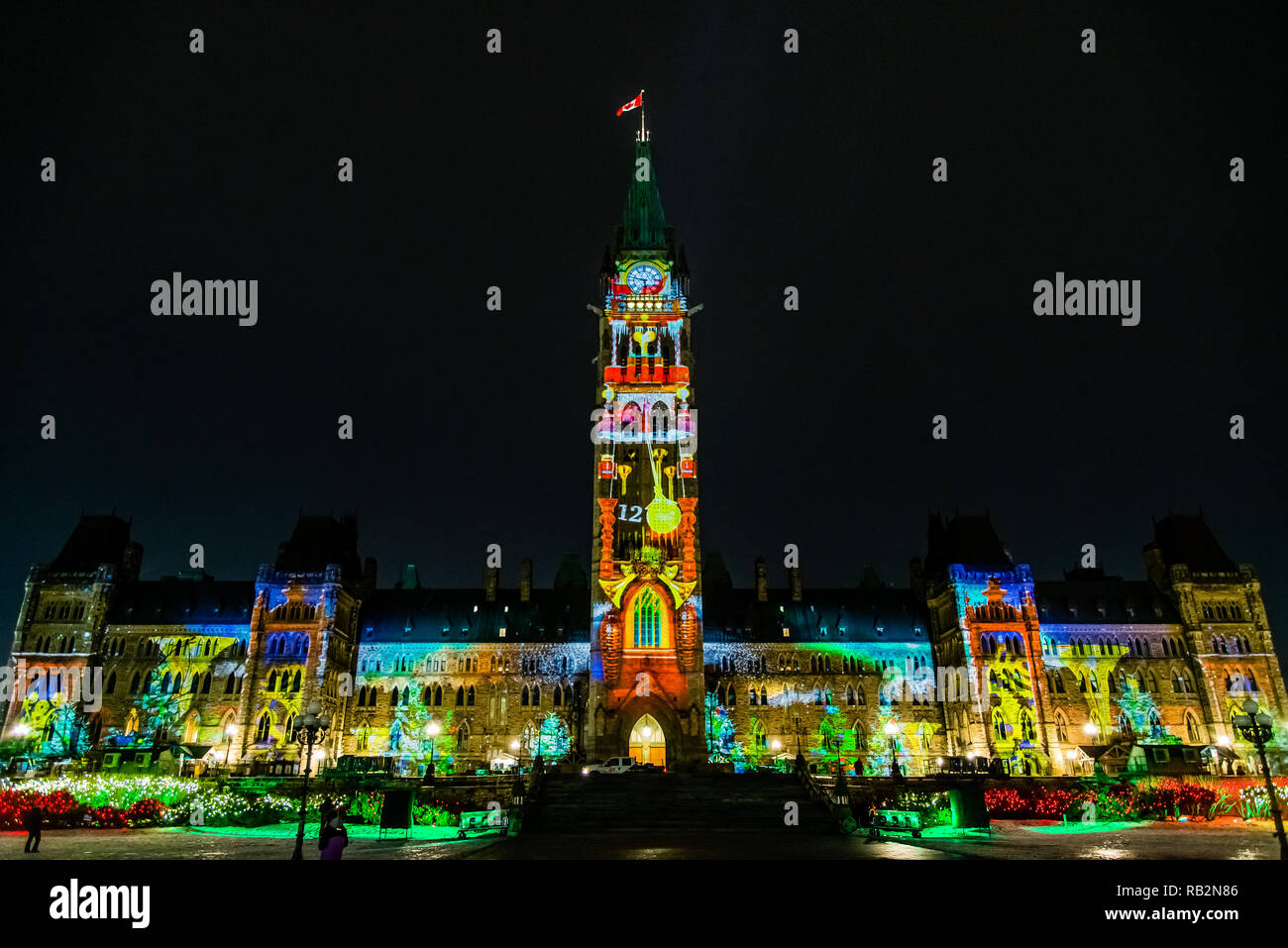 New year light show on Peace Tower in Parliament hill Ottawa Canada Stock Photo