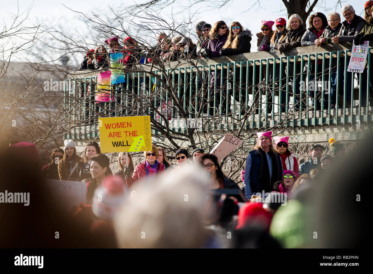 A large crowd participates in the 2018 Women's March Rally outside of the Milwaukee County Court House on Saturday January 20th. Stock Photo