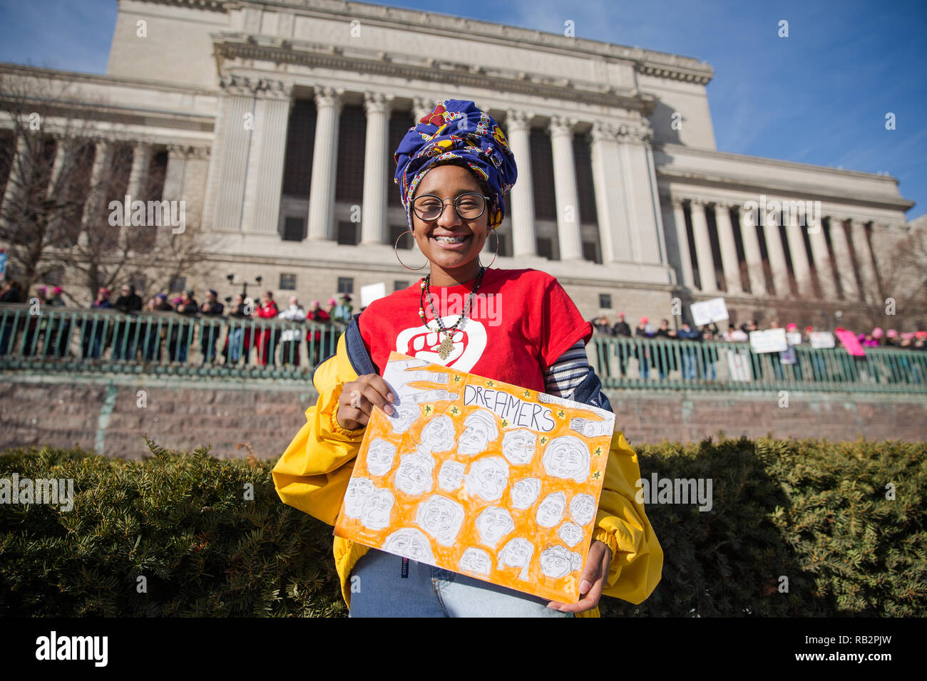 Alenitu Caldart, 15, participates in the 2018 Women's March Rally outside of the Milwaukee County Court House on Saturday January 20th. Stock Photo