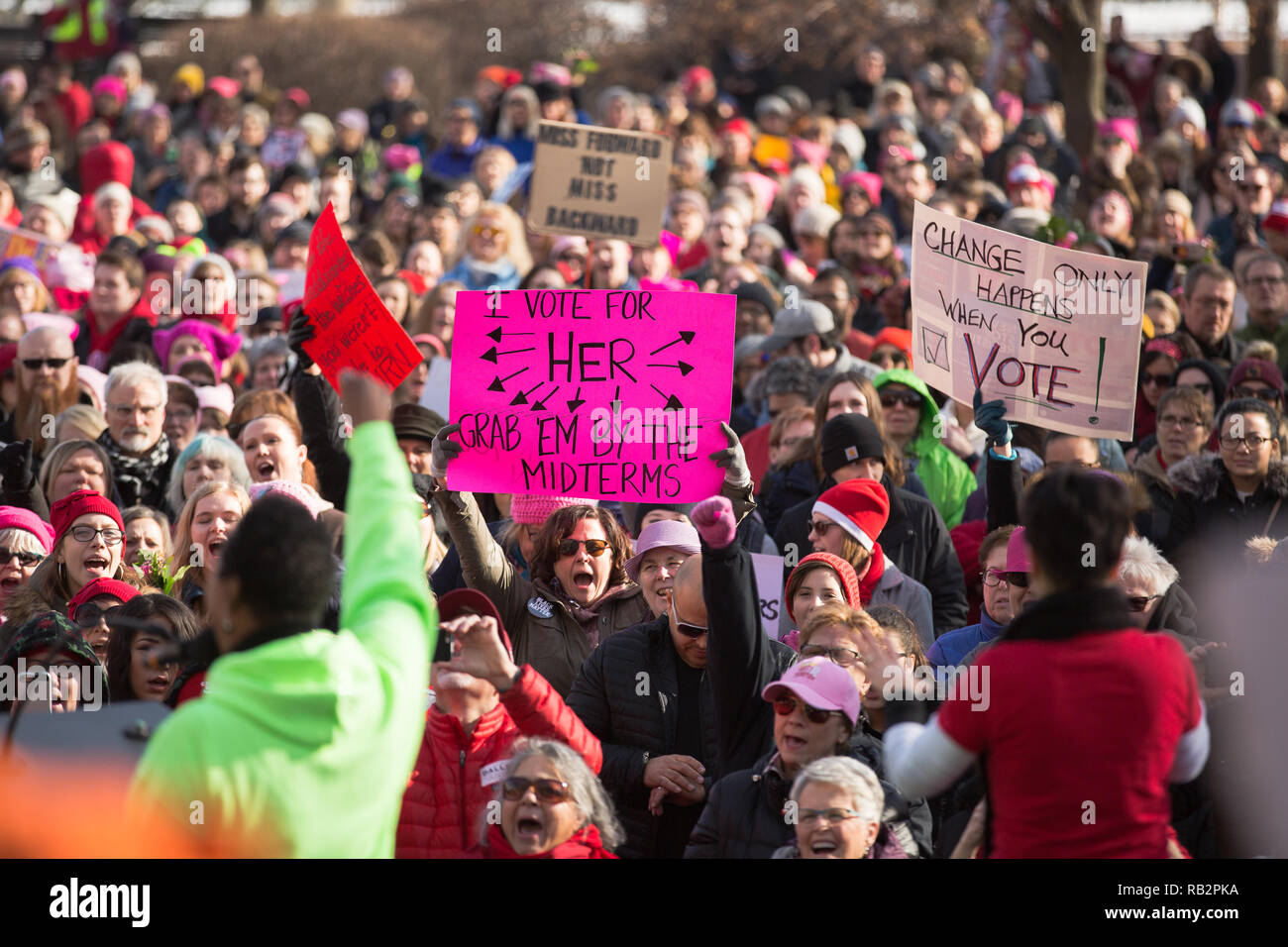 A large crowd participates in the 2018 Women's March Rally outside of the Milwaukee County Court House on Saturday January 20th. Stock Photo