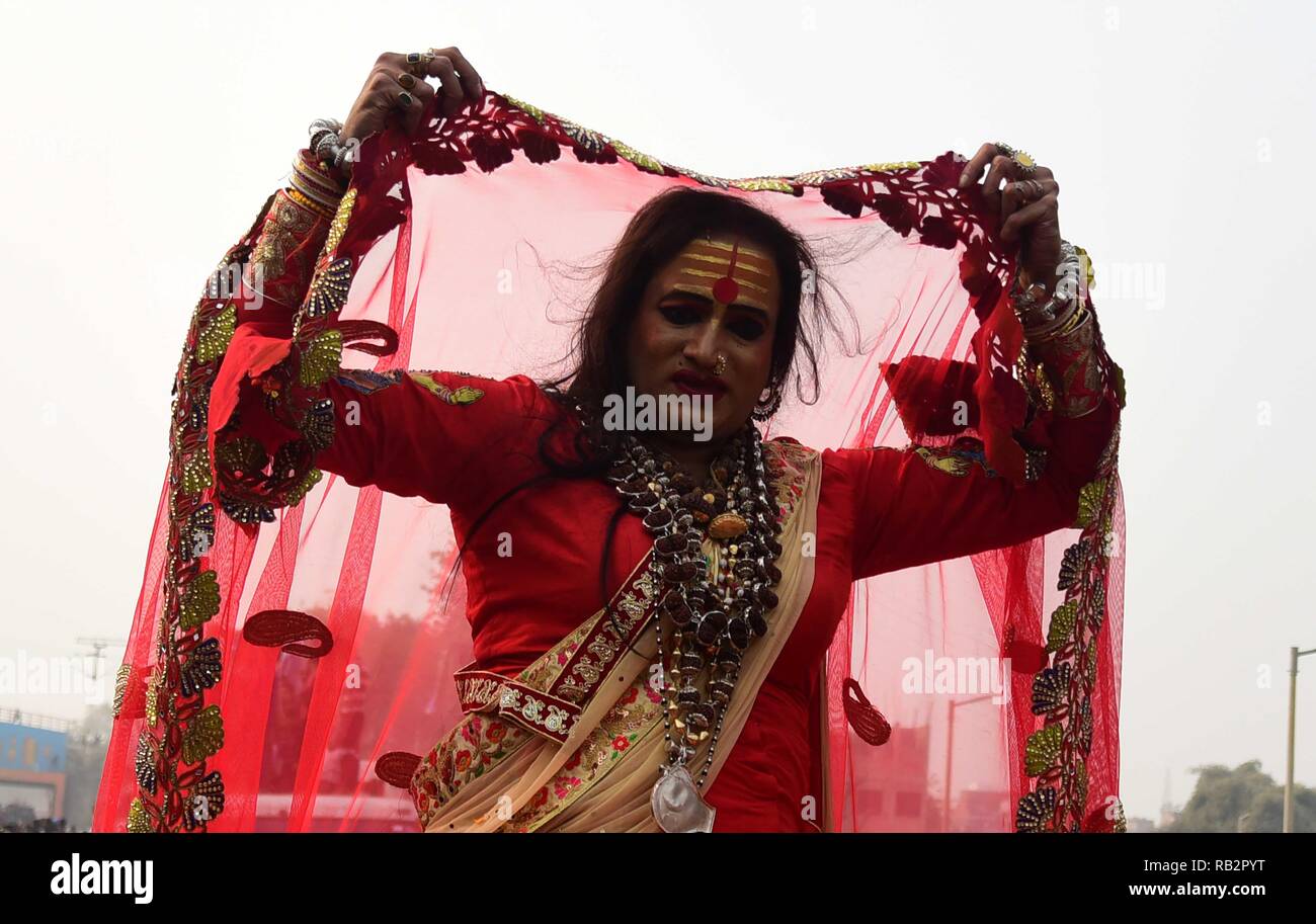 Allahabad, Uttar Pradesh, India. 6th Jan, 2019. Allahabad: Transgender rights activist and Kinnar Akhada chief Achraya Mahamandaleshwar Laxmi Narayan Tripathi takes part in 'Devavrat Yatra' during 'Peshwai' ceremony (Royal entry) for the Kumbh Mela 2019, in Allahabad, Sunday, Jan. 06, 2019. Credit: Prabhat Kumar Verma/ZUMA Wire/Alamy Live News Stock Photo