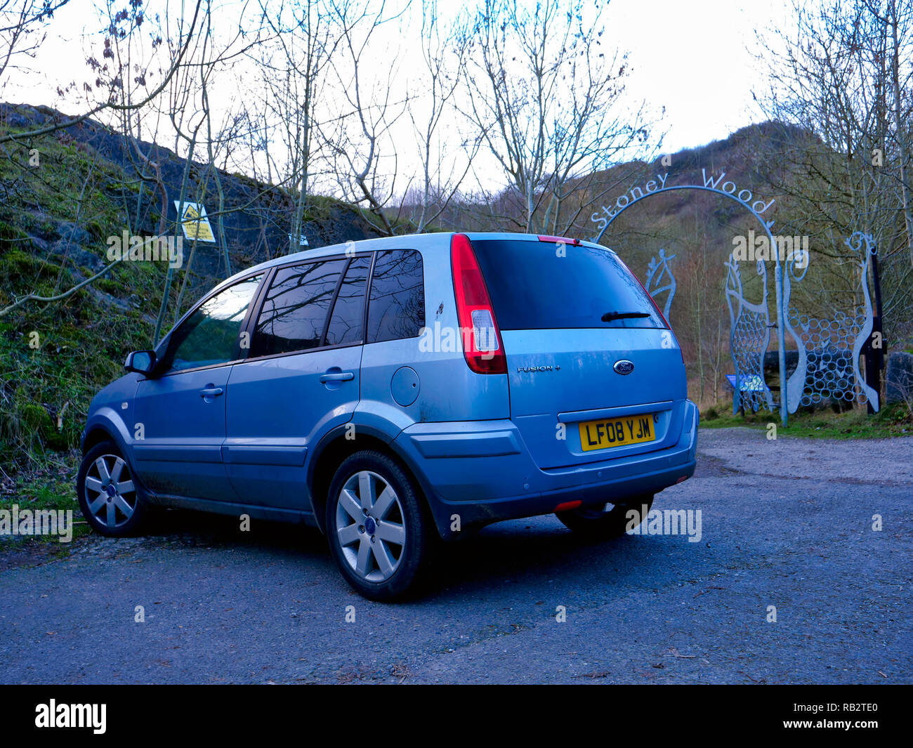 Derbyshire, UK. 06th Jan, 2019. Derbyshire, UK. 6th Jan 2019. An abandoned light blue Ford Fusion + car parked at Stoney Wood entrance, Wirksworth, Derbyshire, since the New Year has been reported to the Police as possible missing persons or abandoned vehicle, it's near the potentially dangerous old Tarmac Middle Peak Quarry workings Credit: Doug Blane/Alamy Live News Credit: Doug Blane/Alamy Live News Stock Photo