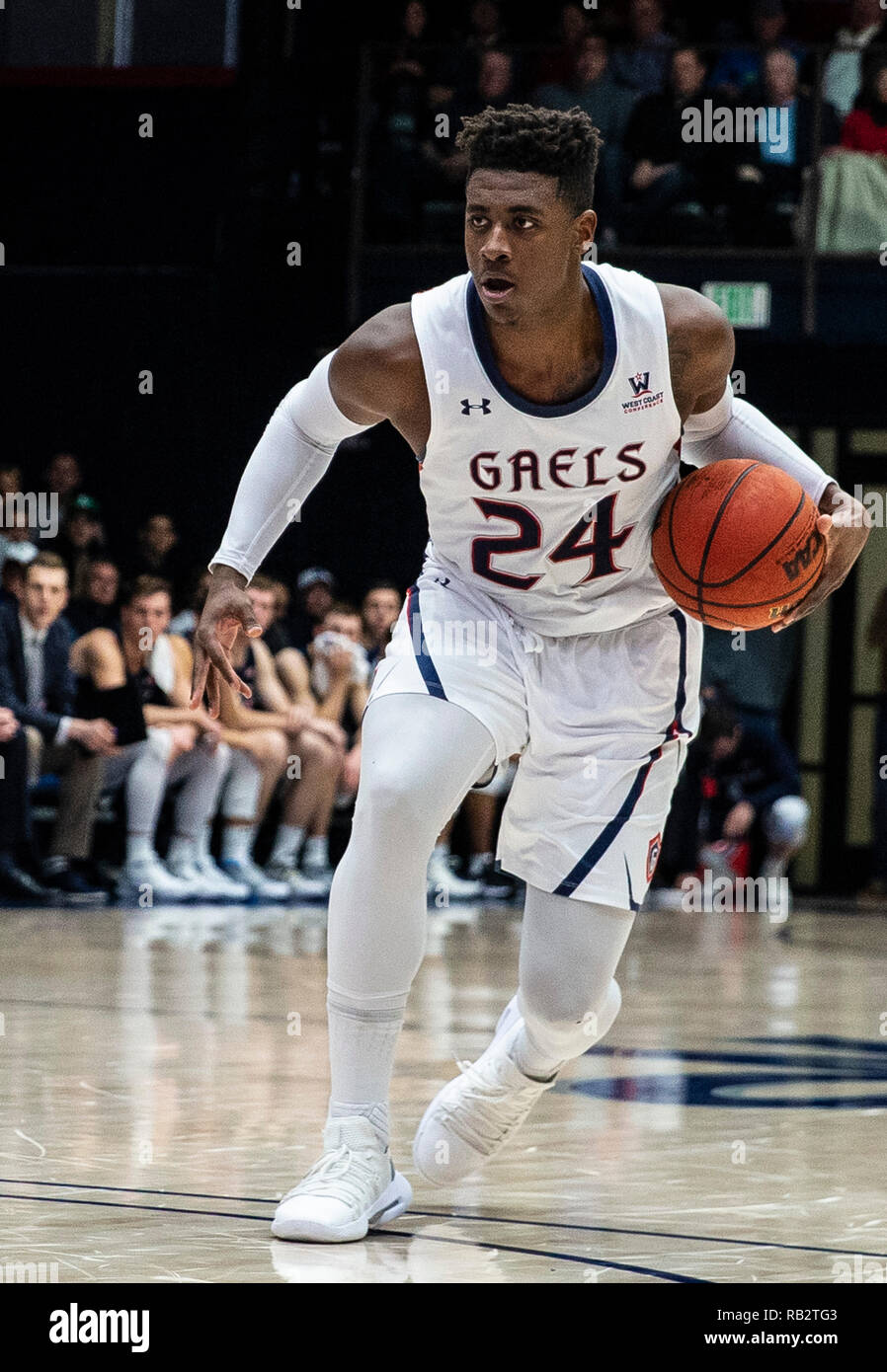 Moraga, CA U.S. 05th Jan, 2019. A. St. Mary's forward Malik Fitts (24)brings the ball up court during the NCAA Men's Basketball game between Brigham Young Cougars and the Saint Mary's Gaels 88-66 win at McKeon Pavilion Moraga Calif. Thurman James/CSM/Alamy Live News Stock Photo