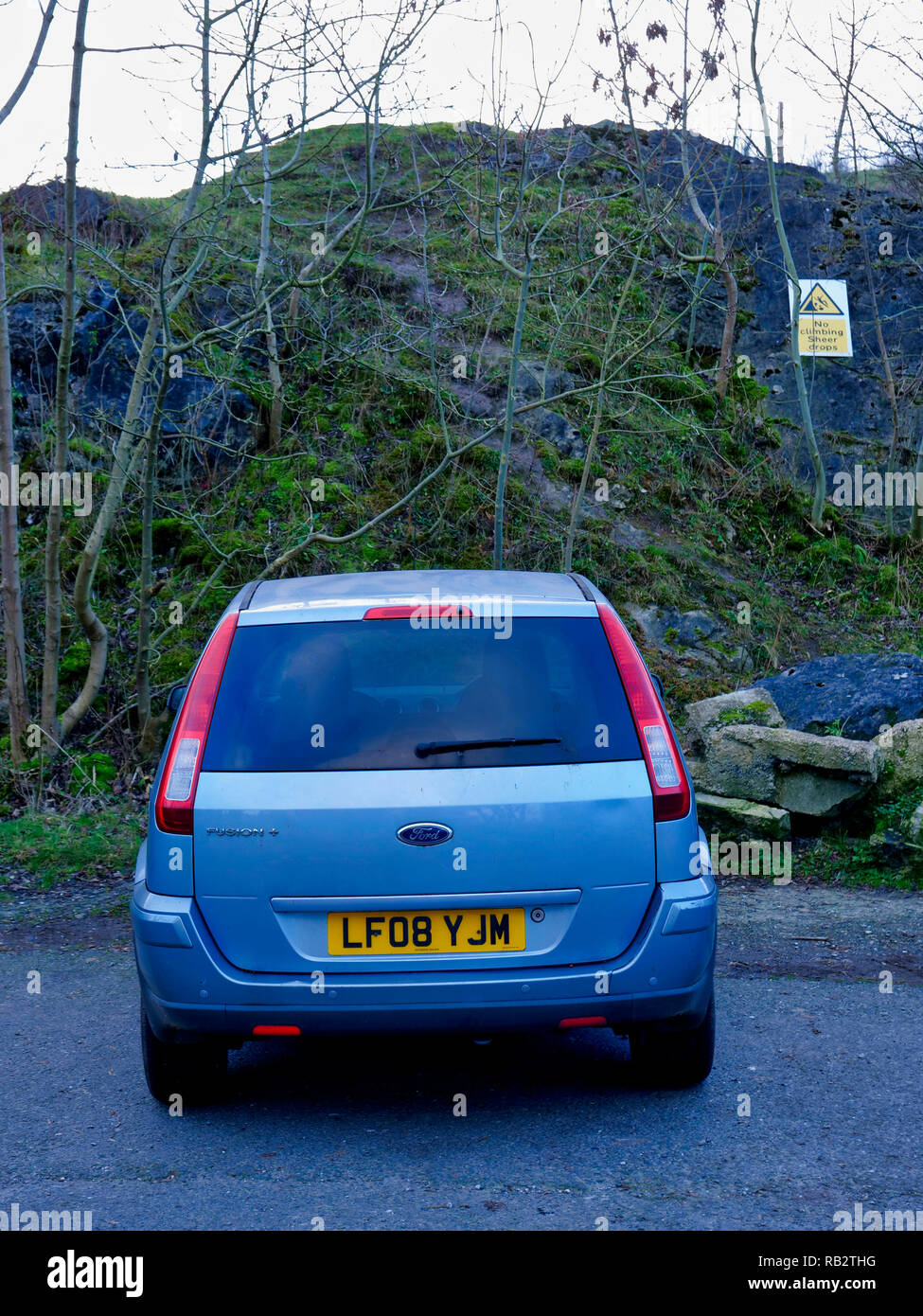 Derbyshire, UK. 06th Jan, 2019. An abandoned light blue Ford Fusion + car parked at Stoney Wood entrance, Wirksworth, Derbyshire, since the New Year has been reported to the Police as possible missing persons or abandoned vehicle, it's near the potentially dangerous old Tarmac Middle Peak Quarry workings Credit: Doug Blane/Alamy Live News Stock Photo
