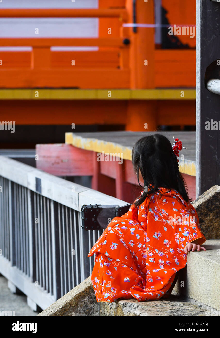 Osaka, Japan. 2nd Jan, 2019. Riko Kasam of Osaka Japan sits on the stairs of one of the structures at the Iconic Buddhist temple Kiyomizu-dera on Mount Otowa known for the scenic views. On January 2, 2019. Photo by: Ramiro Agustin Vargas Tabares Credit: Ramiro Agustin Vargas Tabares/ZUMA Wire/Alamy Live News Stock Photo