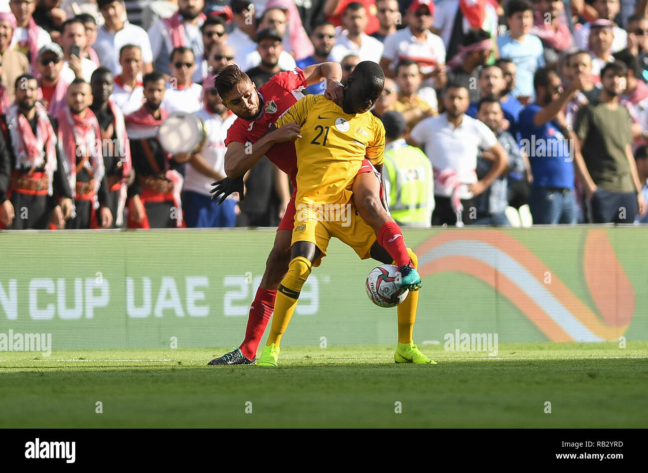 Al Ain, UAE. 6th Jan, 2019. Awer Mabil (F) of Australia competes during the  group B match between Jordan and Australia of the AFC Asian Cup UAE 2019 in  Al Ain, the