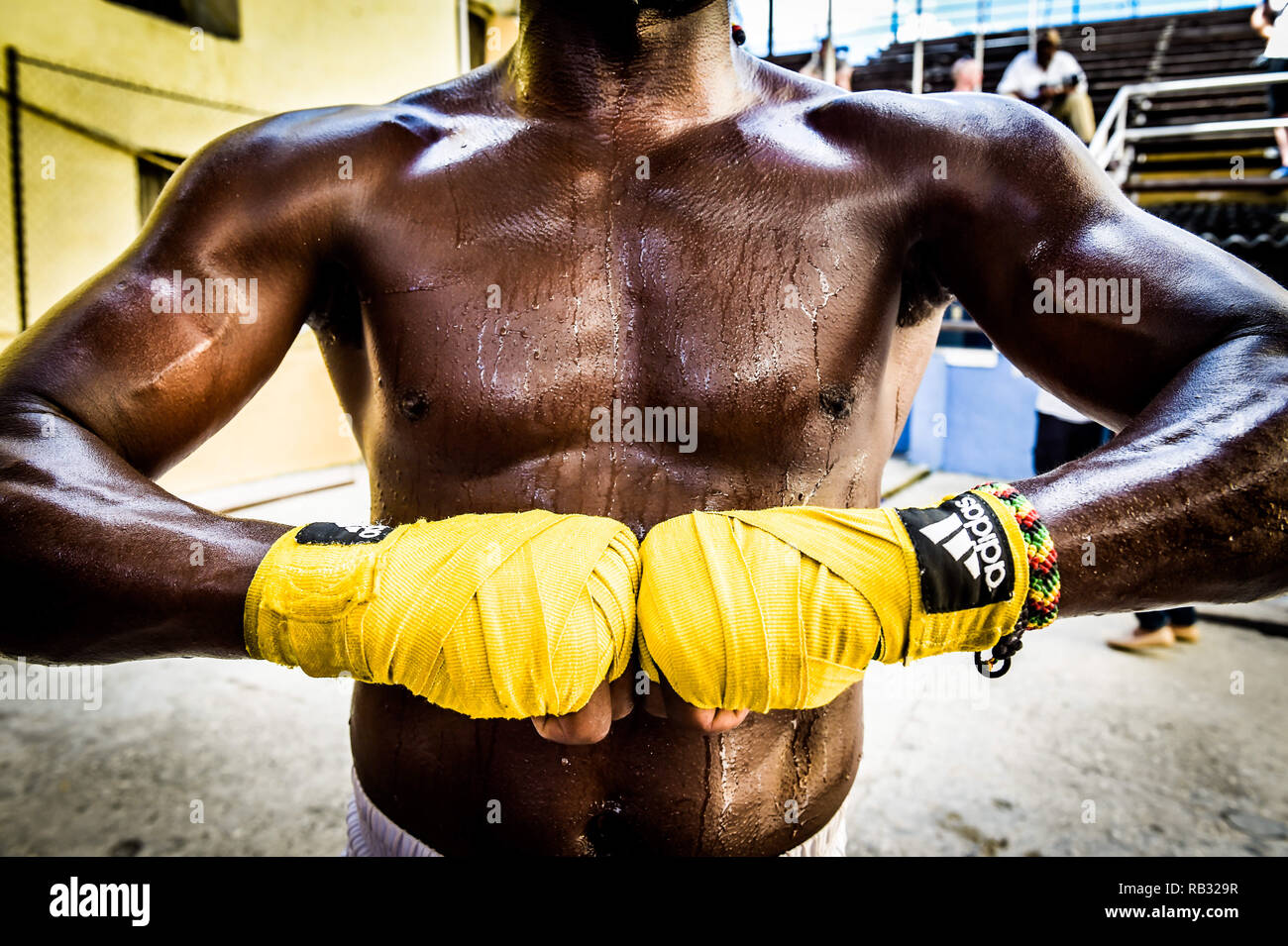 Havana, Havana, Cuba. 9th Oct, 2018. Boxer's hands with bandages at the Rafael Trejo training camp in Havana, Cuba.Cuban boxers are the most successful in the history of amateur boxing, Cuba has won 32 Olympic boxing gold medals since 1972, .In 1962, professional boxing in Cuba was banned by Fidel Castro. As a consequence of Castro's ban, if fighters want to pursue their dream of becoming world champions they have to make the heartbreaking decision to defect from the country and It can be very tough for them because they are excommunicated and separated from their families. The two main Stock Photo