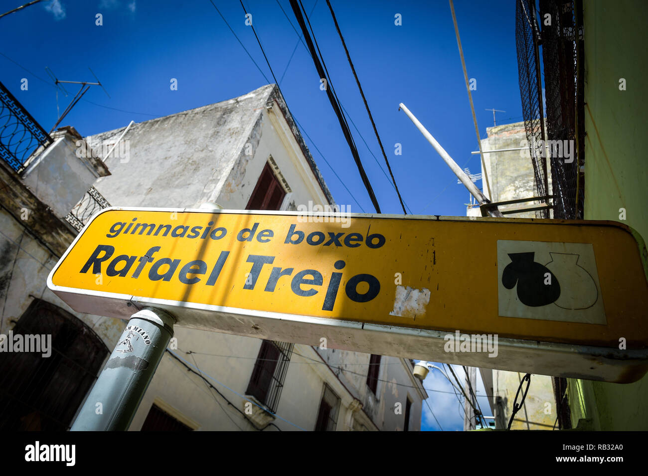 Havana, Havana, Cuba. 9th Oct, 2018. The Rafael Trejo training camp sign in Havana, Cuba which is famous for producing several Olympic champions.Cuban boxers are the most successful in the history of amateur boxing, Cuba has won 32 Olympic boxing gold medals since 1972, .In 1962, professional boxing in Cuba was banned by Fidel Castro. As a consequence of Castro's ban, if fighters want to pursue their dream of becoming world champions they have to make the heartbreaking decision to defect from the country and It can be very tough for them because they are excommunicated and separated from Stock Photo