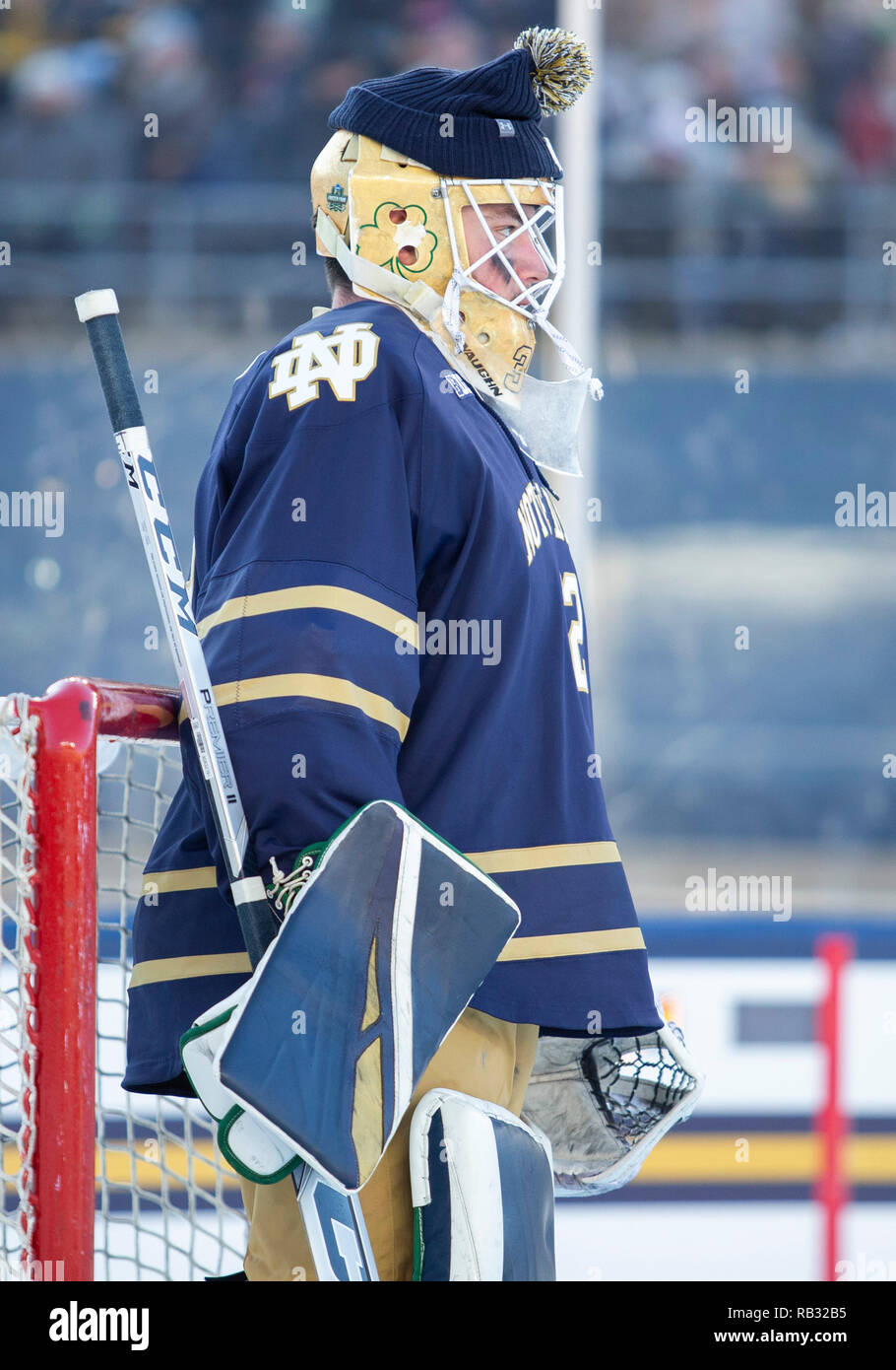 Indiana, USA. 05th Jan, 2019. Notre Dame goaltender Cale Morris (32) during  NCAA Hockey game action between the Michigan Wolverines and the Notre Dame  Fighting Irish at Notre Dame Stadium in Indiana.