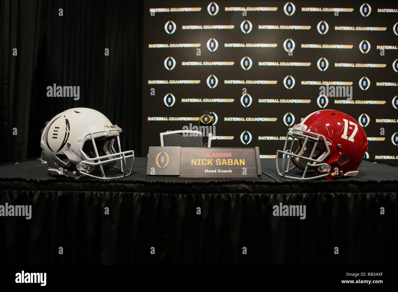 San Jose, CA. 06th Jan, 2019. National Championship Bay Area 2019: Nick Saban seat for the Alabama vs Clemson coaches press conferences at San Jose McEnery Convention Center on Sunday January 06, 2019 (Photo by Jevone Moore) Credit: csm/Alamy Live News Stock Photo