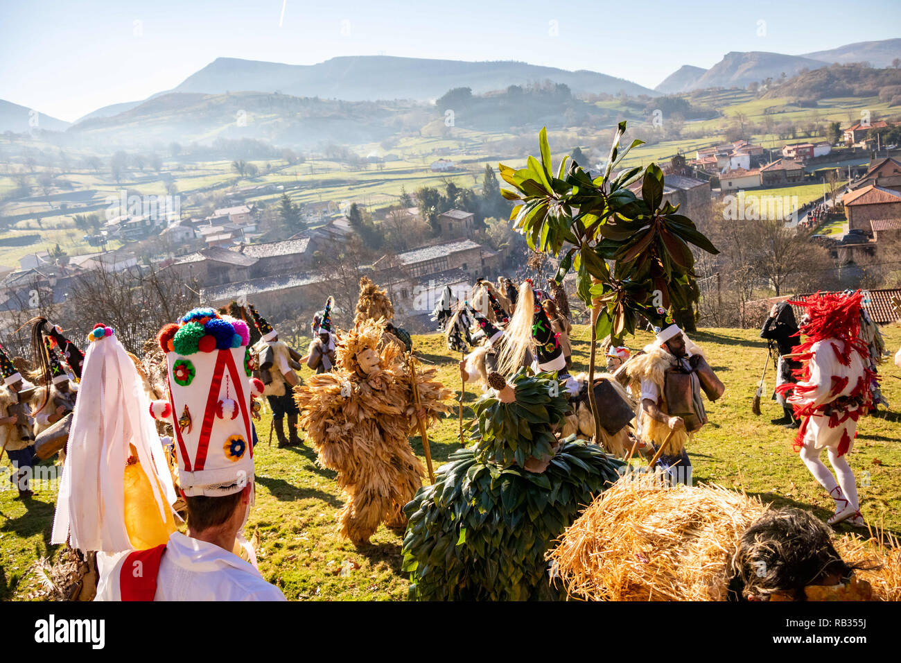 Cantabria, Spain. 06th Jan, 2019.  Most of the characters of the procession seen together during the celebration.La Vijanera is a fiesta of festive nature that takes place in the town of SiliÃ³ (Molledo), Cantabria (Spain) on the first Sunday of each year. Due to its popularity and tradition, it has been declared a Fiesta of National Tourist Interest. Credit: ZUMA Press, Inc./Alamy Live News Stock Photo