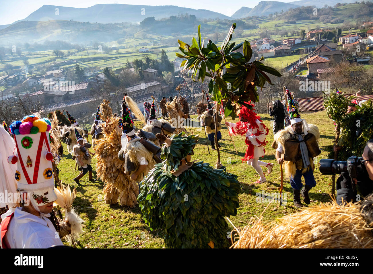 Cantabria, Spain. 06th Jan, 2019.  Most of the characters of the procession seen together during the celebration.La Vijanera is a fiesta of festive nature that takes place in the town of SiliÃ³ (Molledo), Cantabria (Spain) on the first Sunday of each year. Due to its popularity and tradition, it has been declared a Fiesta of National Tourist Interest. Credit: ZUMA Press, Inc./Alamy Live News Stock Photo