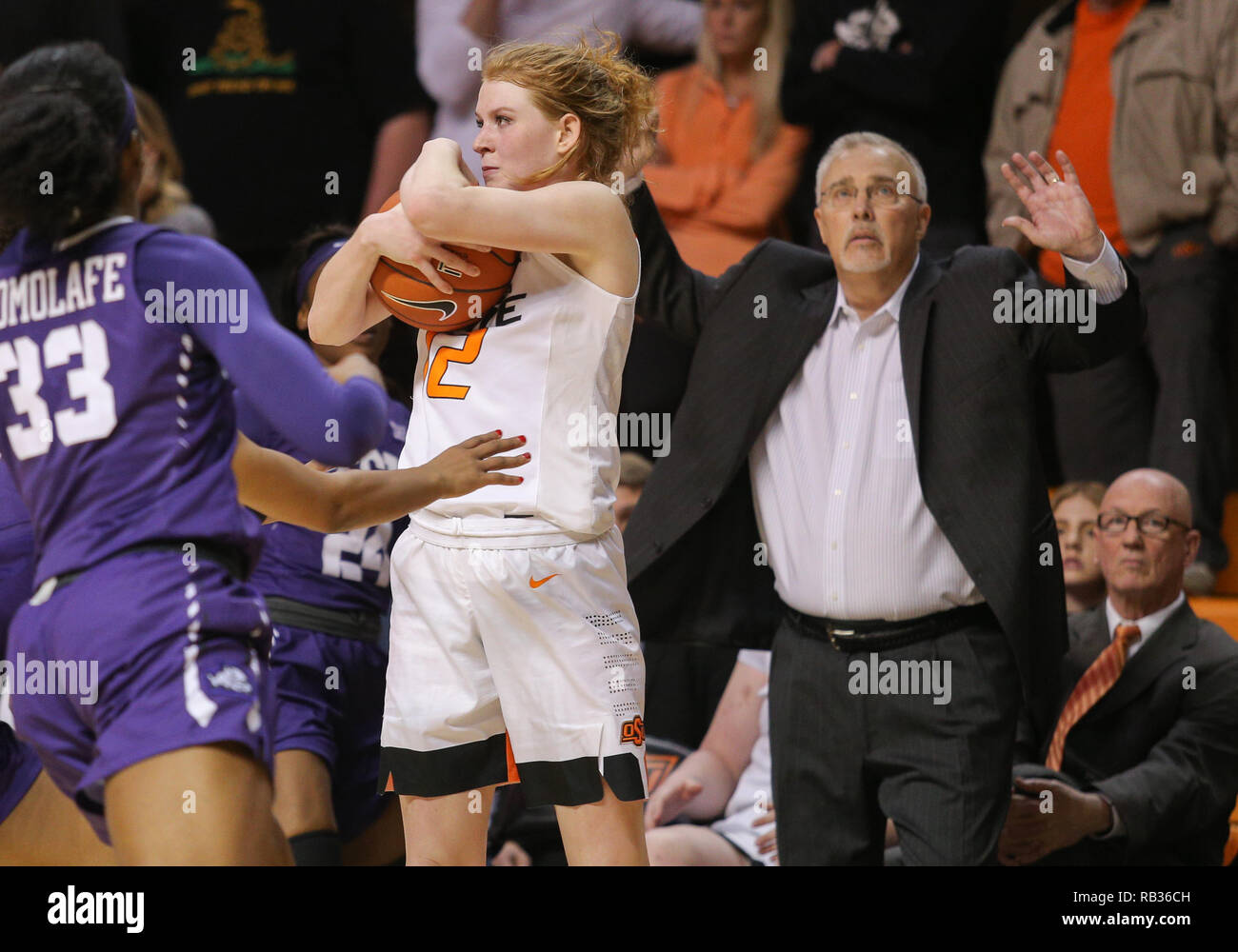 Stillwater, OK, USA. 6th Jan, 2019. Oklahoma State Forward Vivian Gray (12) wraps up the basketball during a basketball game between the TCU Horned Frogs and Oklahoma State Cowgirls at Gallagher-Iba Arena in Stillwater, OK. Gray Siegel/CSM/Alamy Live News Stock Photo