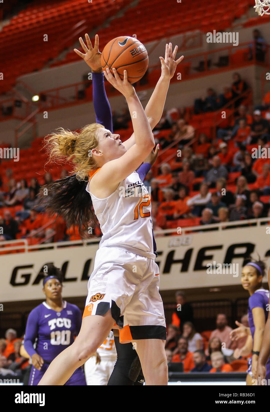 Stillwater, OK, USA. 6th Jan, 2019. Oklahoma State Forward Vivian Gray (12) attempts a shot during a basketball game between the TCU Horned Frogs and Oklahoma State Cowgirls at Gallagher-Iba Arena in Stillwater, OK. Gray Siegel/CSM/Alamy Live News Stock Photo