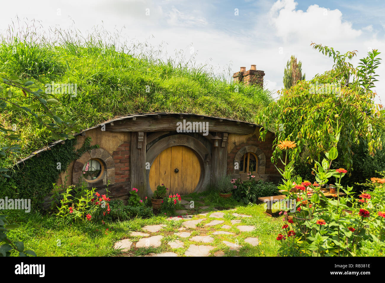 A Hobbit Hole in the Shire at Hobbiton, Matamata, New Zealand, January 21, 2018 Stock Photo
