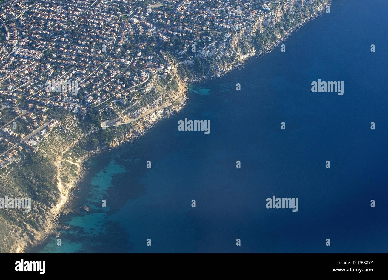 Coastal landscape aerial view of Cala Blava area on a sunny afternoon in south Mallorca, Spain Stock Photo