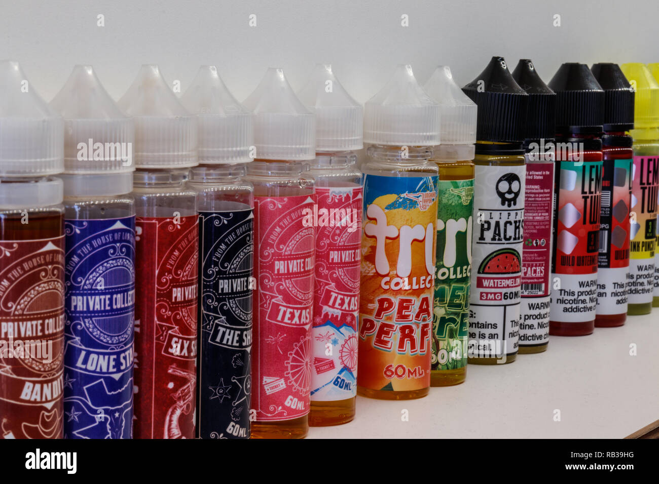 Indianapolis - Circa January 2019: Flavored Vape Juices.  The FDA is considering vaping regulations to deter children from getting addicted to nicotin Stock Photo
