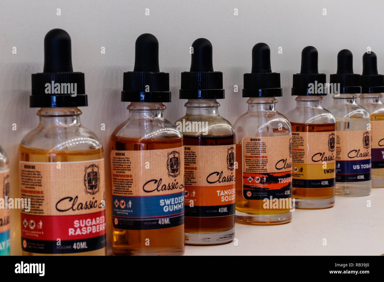 Indianapolis - Circa January 2019: Flavored Vape Juices.  The FDA is considering vaping regulations to deter children from getting addicted to nicotin Stock Photo