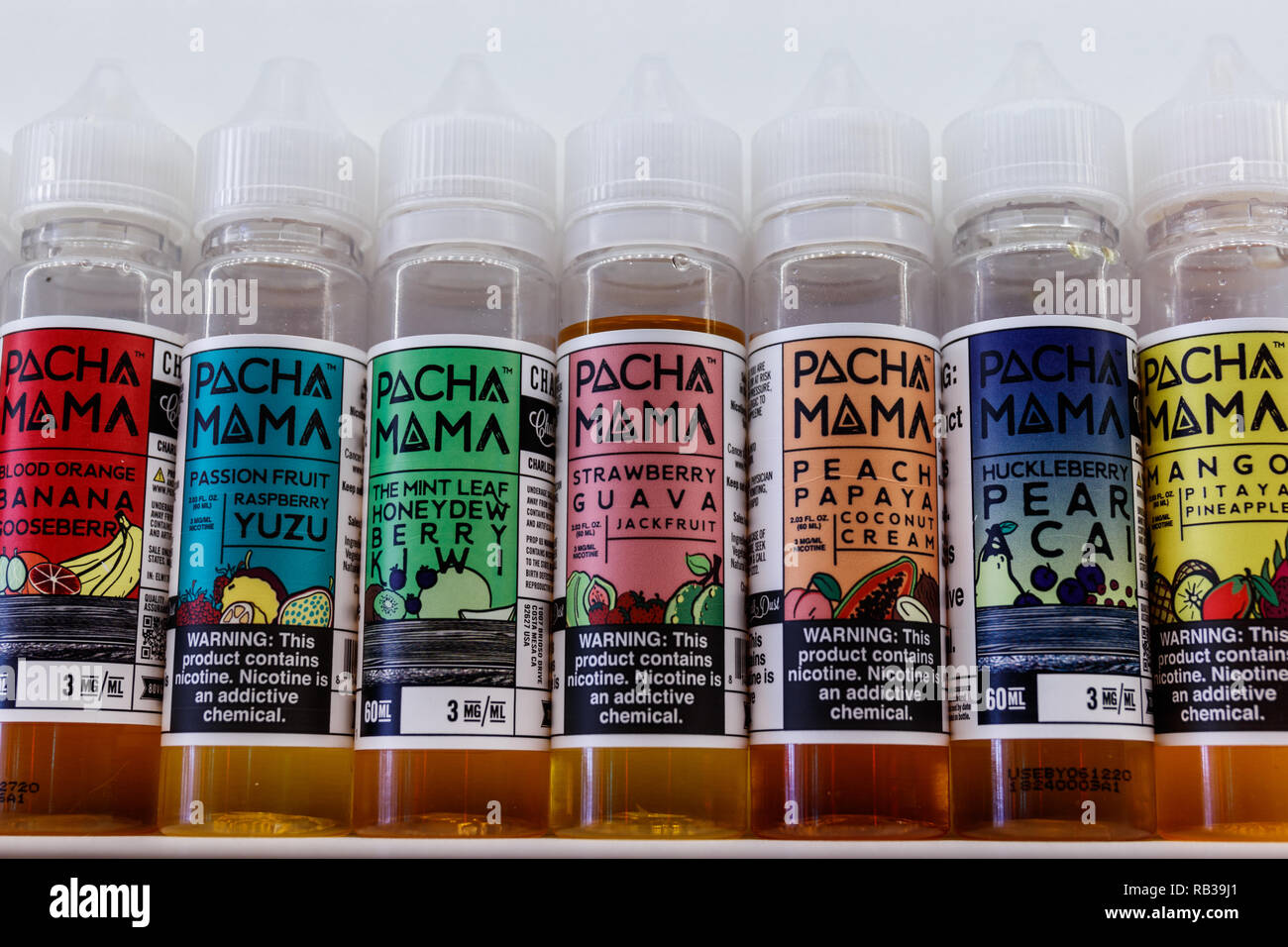 Indianapolis - Circa January 2019: Flavored Vape Juices.  The FDA is considering vaping regulations to deter children from getting addicted to nicotin Stock Photo