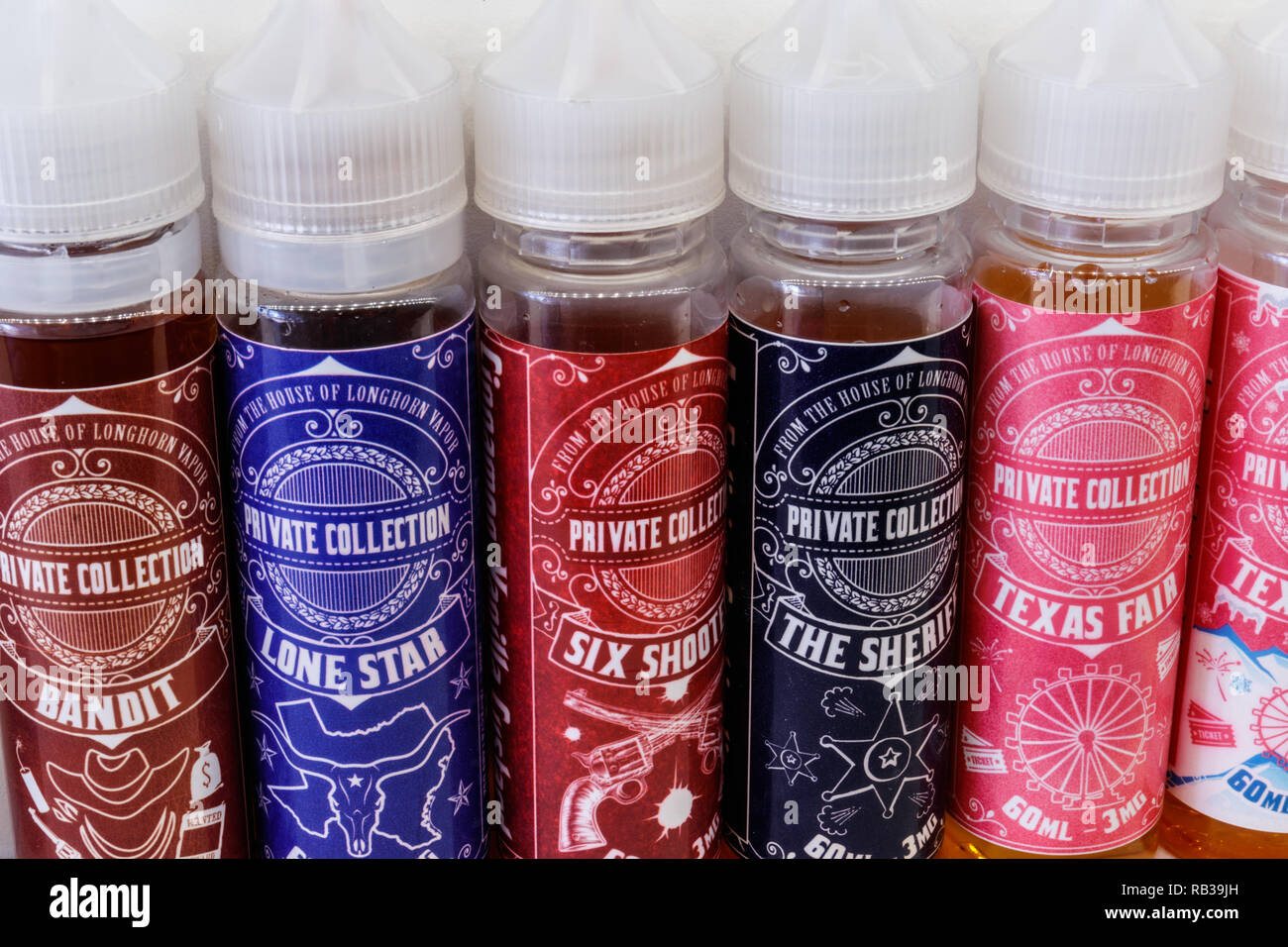 Indianapolis - Circa January 2019: Flavored Vape Juices.  The FDA is considering vaping regulations to deter children from getting addicted to nicotin Stock Photo