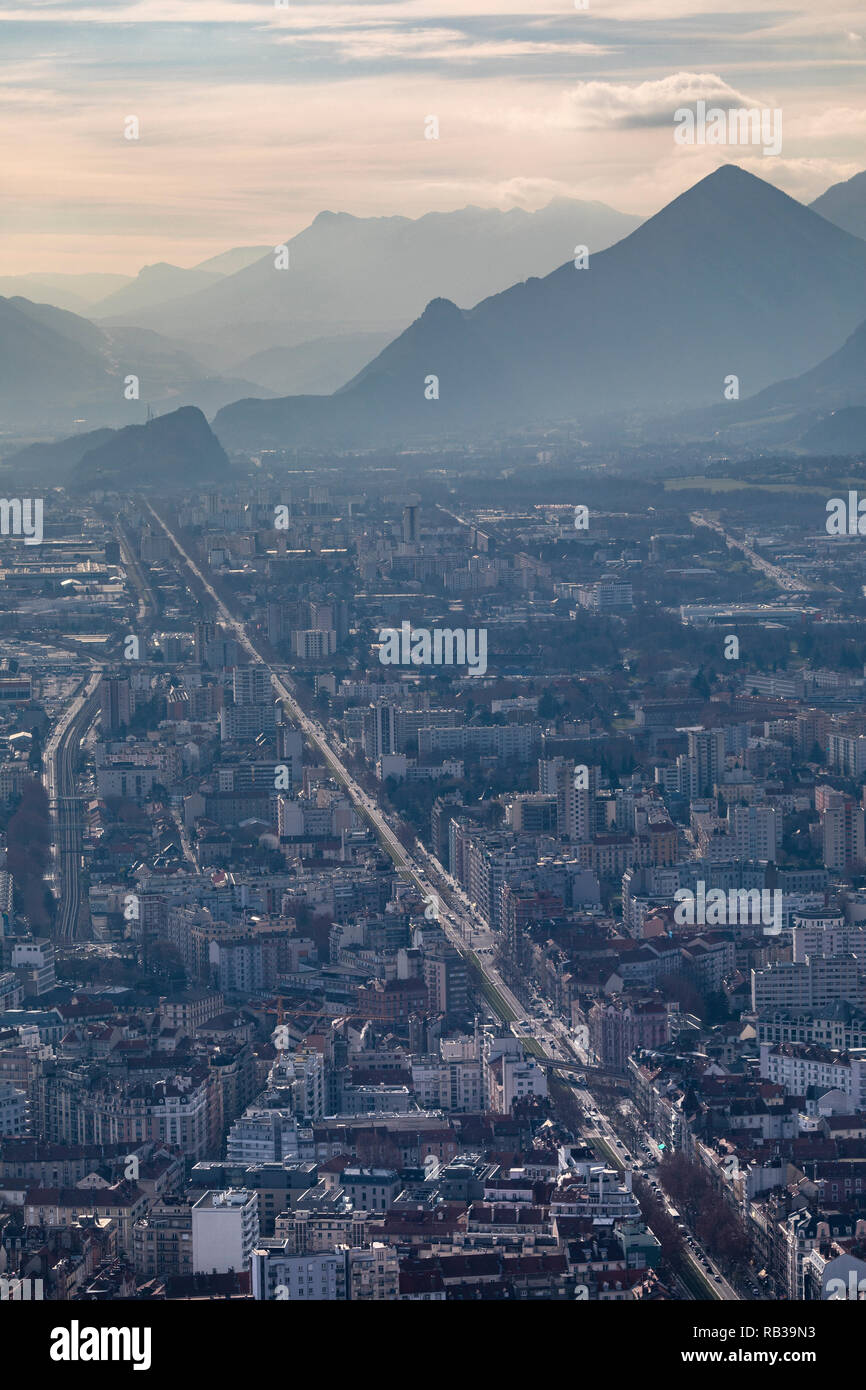 Grenoble, France, January 2019 : Aerial view of Cours Jean Jaures Stock Photo
