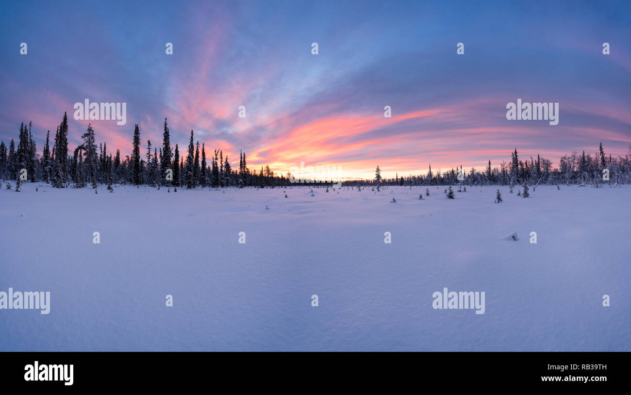 Sunrise during polar night in Urho Kekkonen national park, Lapland, Finland, Europe Stock Photo