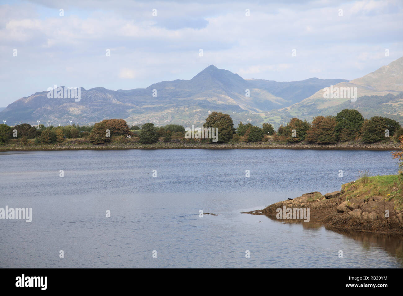 View of Snowdonia Mountain Range, Porthmadog, Welsh Village, Gwynedd, North Wales, Wales, United Kingdom Stock Photo