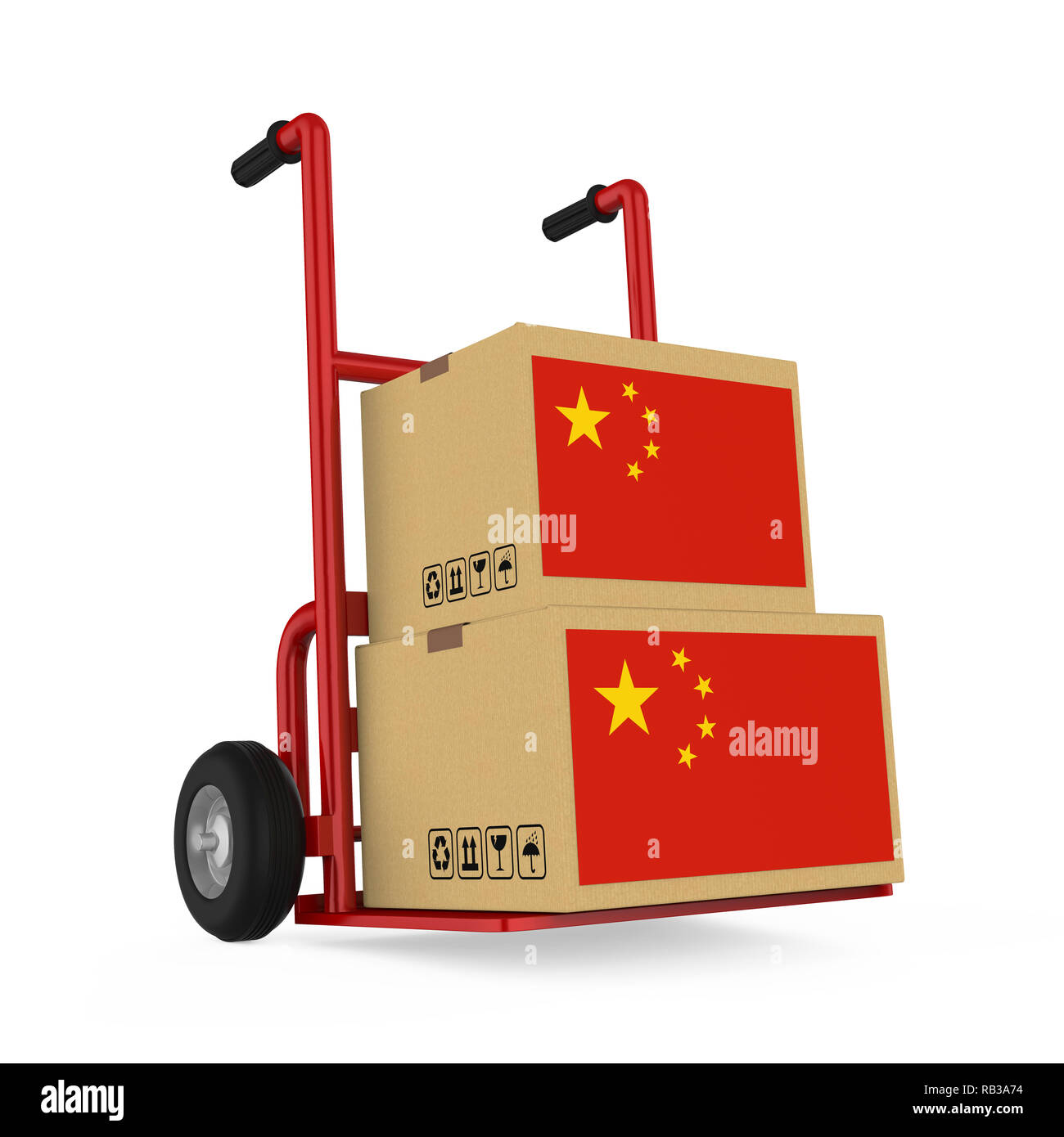 Cardboard Boxes with China Flag with Handtruck Isolated Stock Photo