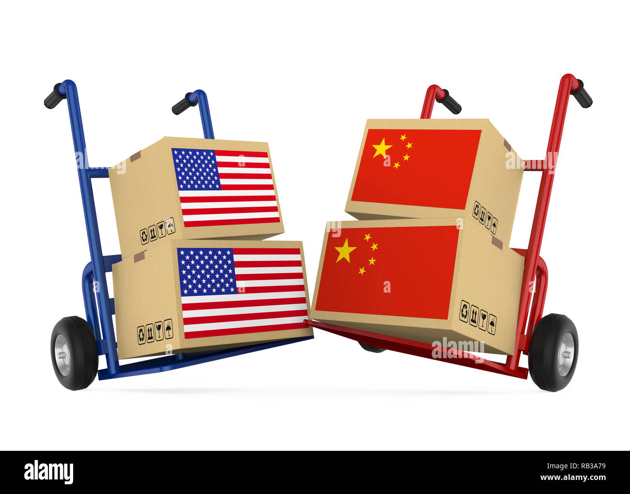 Cardboard Boxes with USA and China Flags with Handtrucks. Trade War Concept Stock Photo