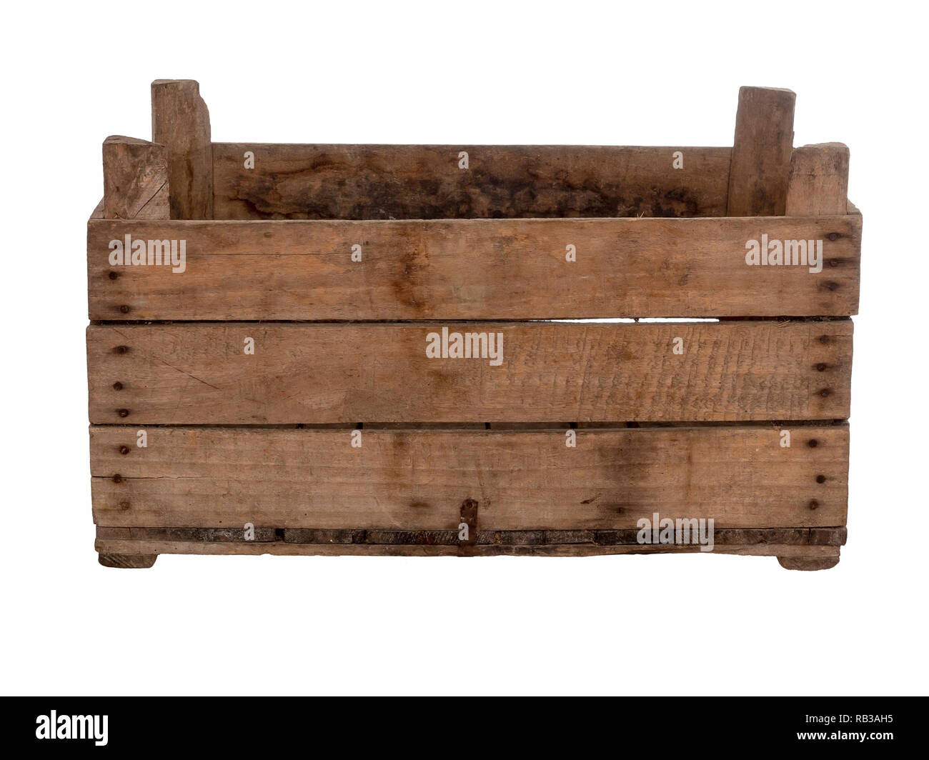Old wooden box, crate, isolated on white. Front view, empty. Stock Photo
