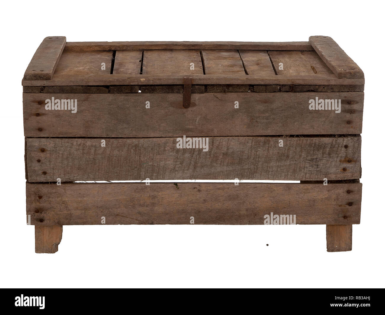 Old wooden box, crate, isolated on white. Upside down, empty. Stock Photo