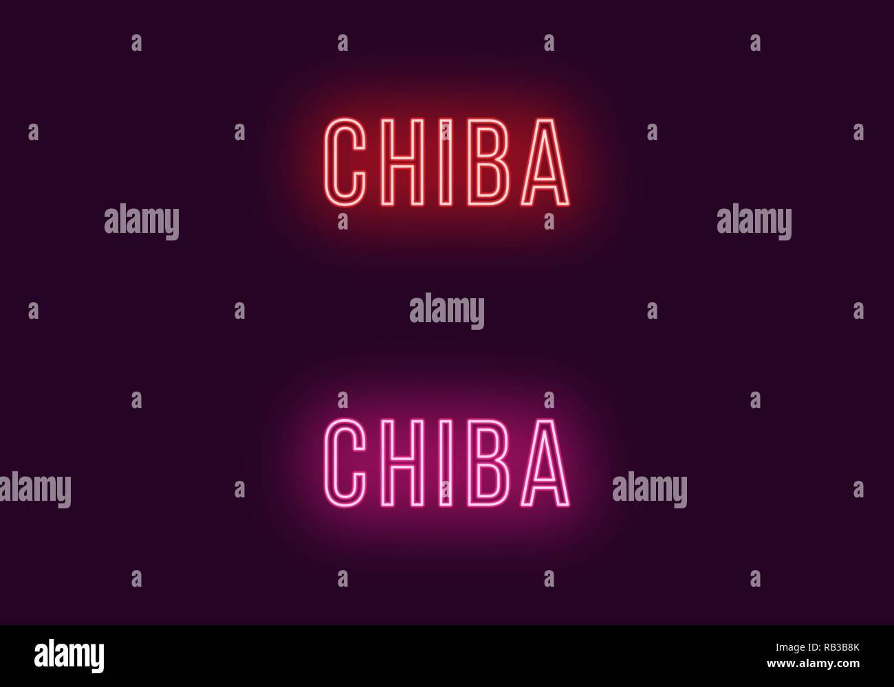 Neon name of Chiba city in Japan. Vector text of Chiba, Neon inscription with backlight in Thin style, red and pink colors. Isolated glowing title for Stock Vector