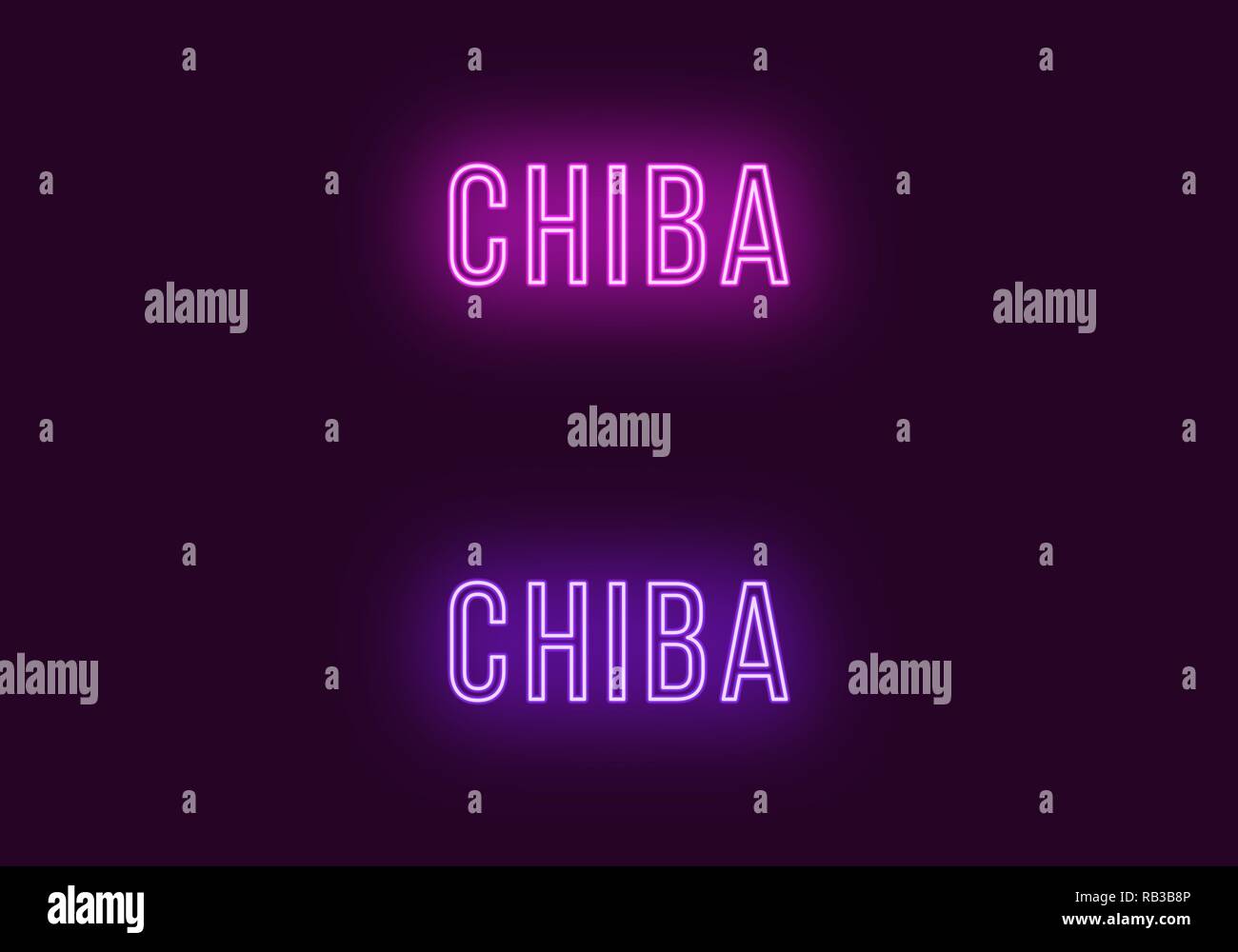 Neon name of Chiba city in Japan. Vector text of Chiba, Neon inscription with backlight in Thin style, purple and violet colors. Isolated glowing titl Stock Vector