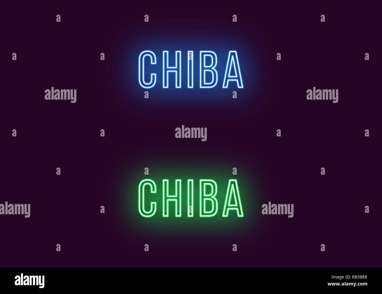 Neon name of Chiba city in Japan. Vector text of Chiba, Neon inscription with backlight in Thin style, blue and green colors. Isolated glowing title f Stock Vector