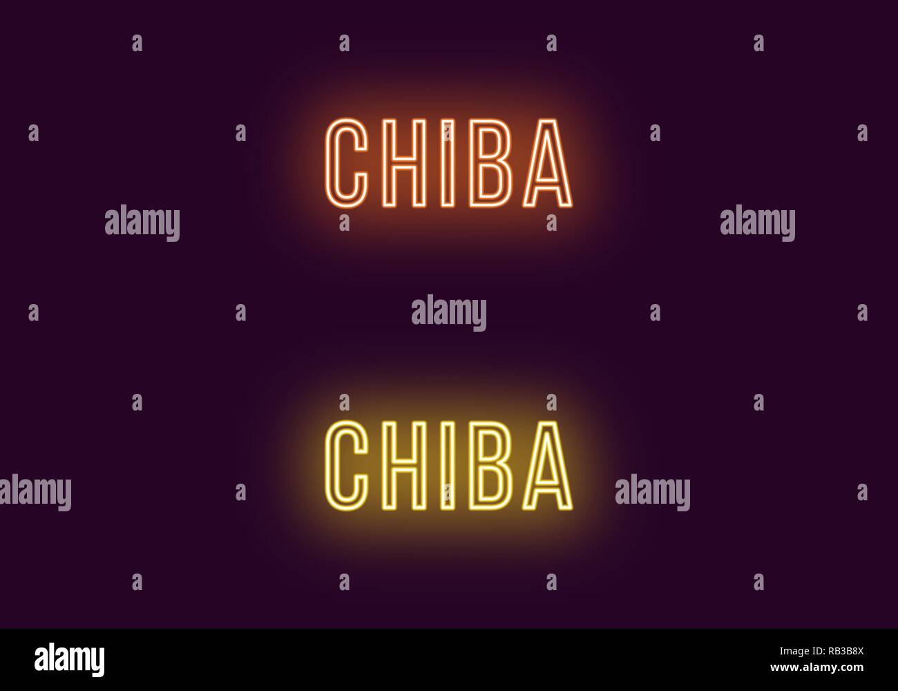 Neon name of Chiba city in Japan. Vector text of Chiba, Neon inscription with backlight in Thin style, orange and yellow colors. Isolated glowing titl Stock Vector
