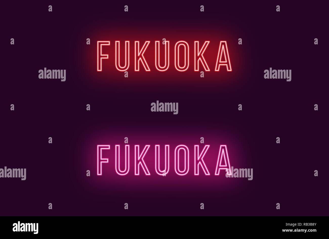 Neon name of Fukuoka city in Japan. Vector text of Fukuoka, Neon