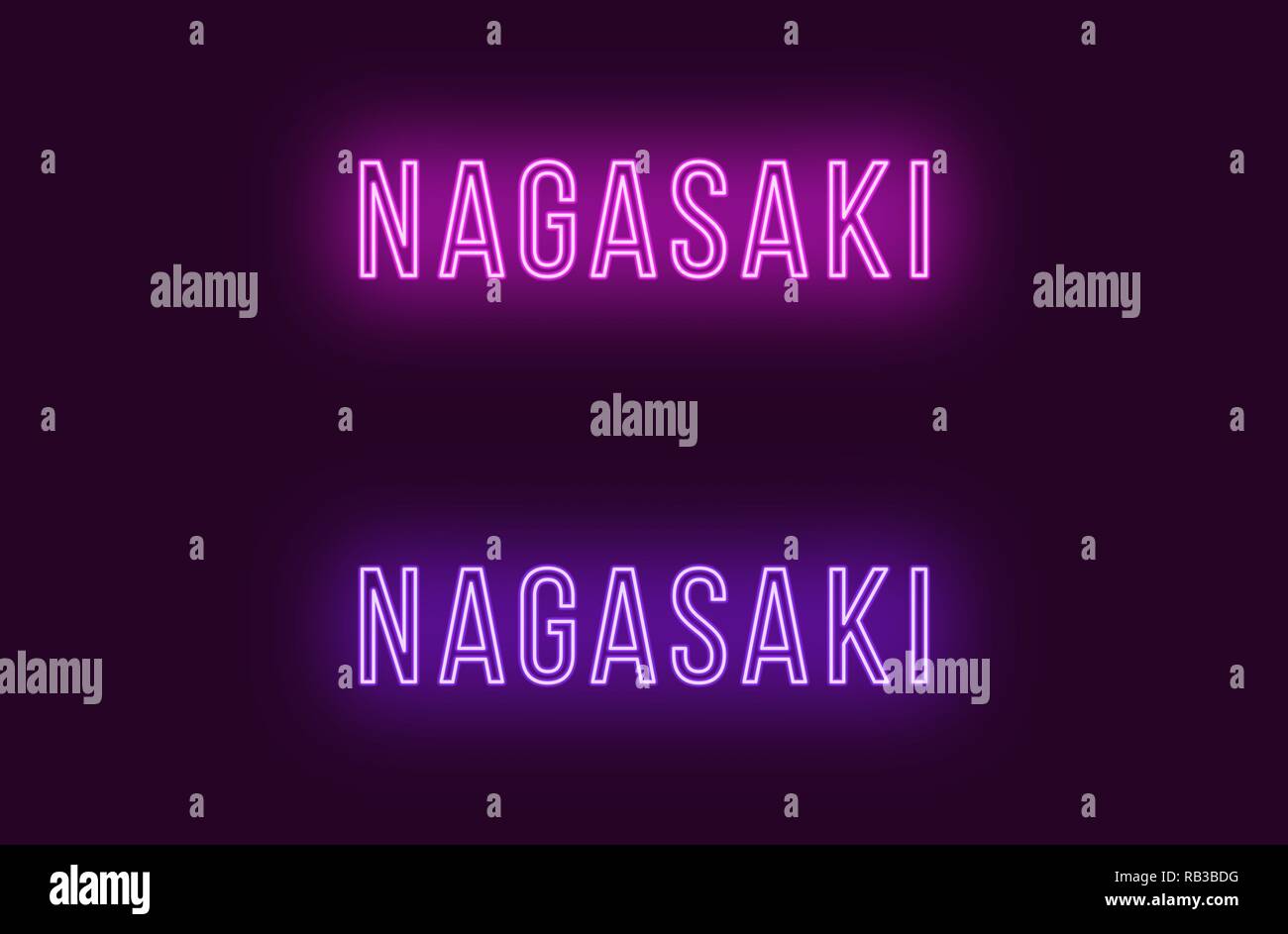 Neon name of Nagasaki city in Japan. Vector text of Nagasaki, Neon inscription with backlight in Thin style, purple and violet colors. Isolated glowin Stock Vector