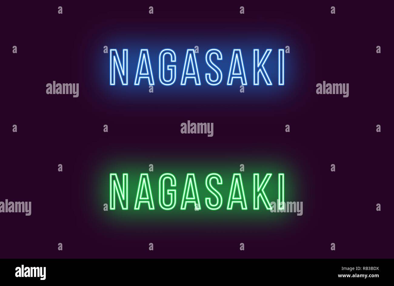 Neon name of Nagasaki city in Japan. Vector text of Nagasaki, Neon inscription with backlight in Thin style, blue and green colors. Isolated glowing t Stock Vector