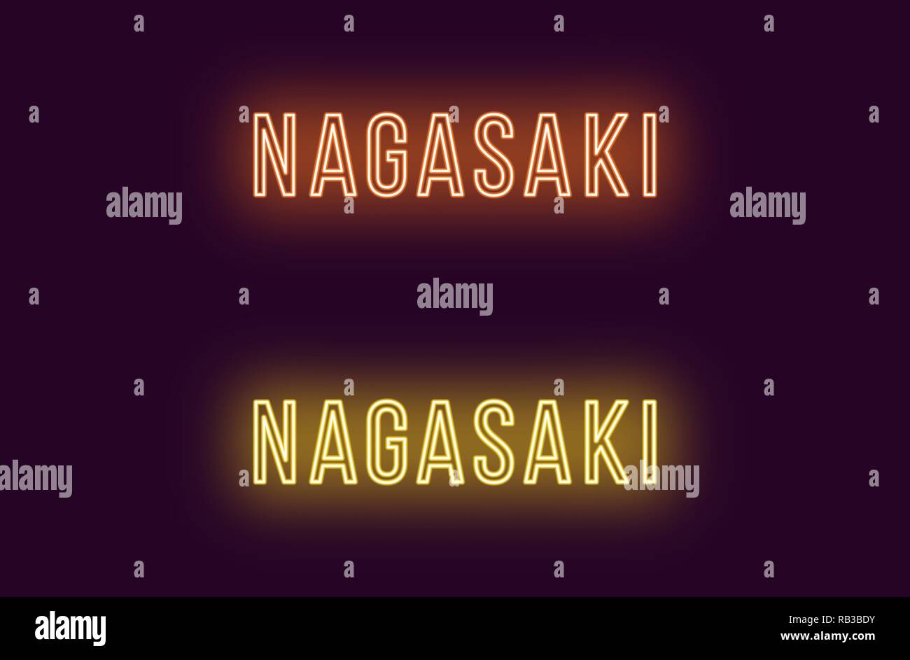 Neon name of Nagasaki city in Japan. Vector text of Nagasaki, Neon inscription with backlight in Thin style, orange and yellow colors. Isolated glowin Stock Vector