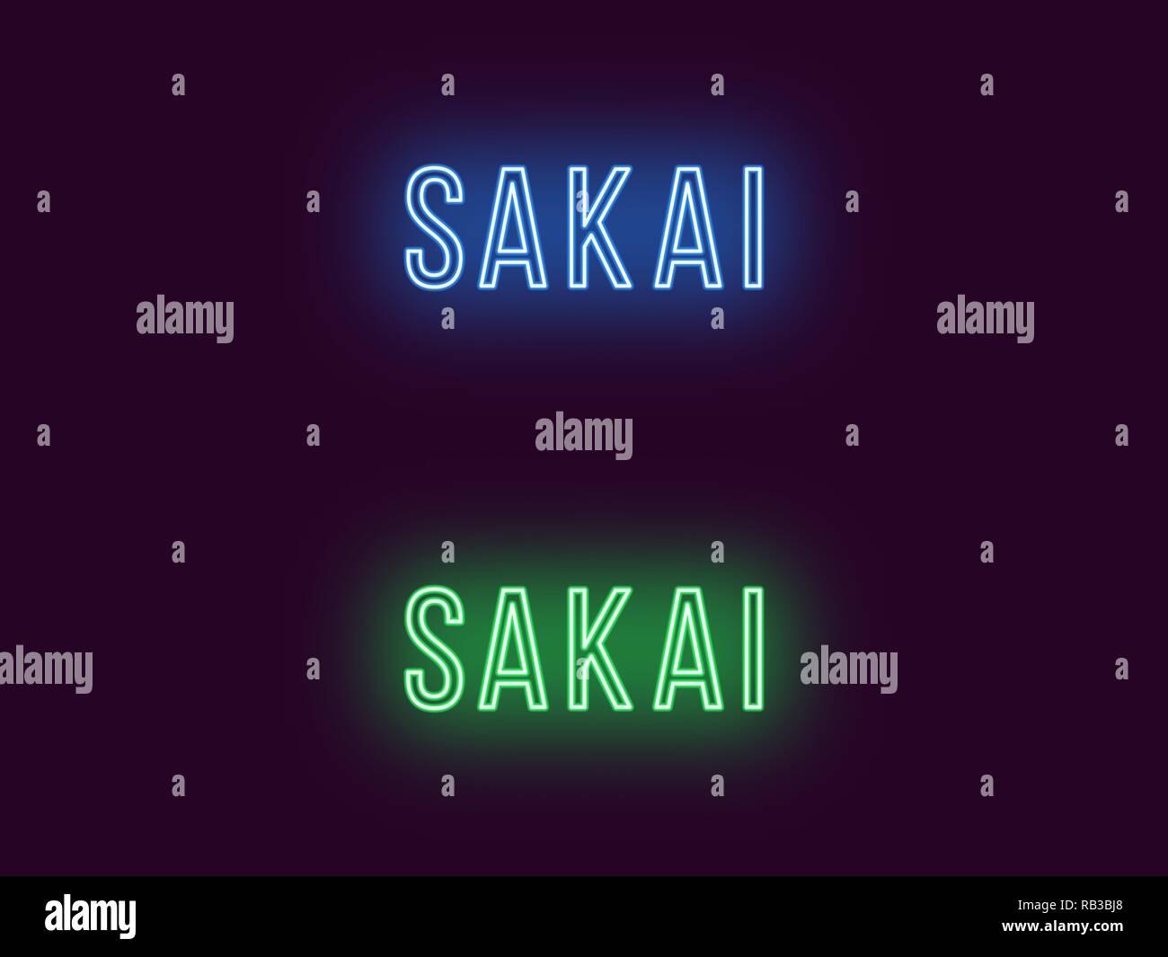 Neon name of Sakai city in Japan. Vector text of Sakai, Neon