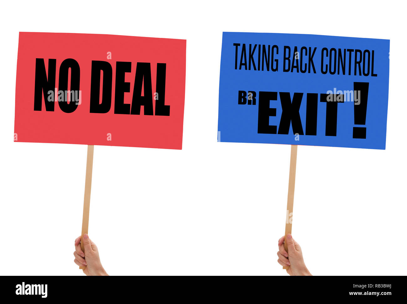 BREXIT banners, placards in hand isolated on white. Leave the EU, UK referendum vote. Stock Photo