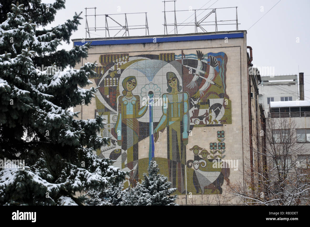 Soviet mural on a building in central Chisinau (Kishinev), Republic of Moldova, November 2018 Stock Photo
