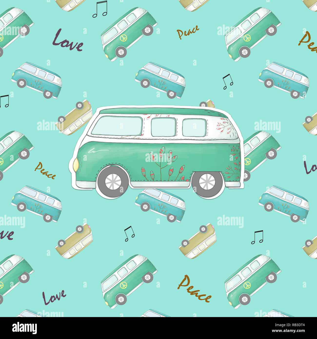 Hippie vintage car a mini van Ornate background Love and Music with hand-written fonts hand-drawn doodle background and textures Hippy color illustrat Stock Photo