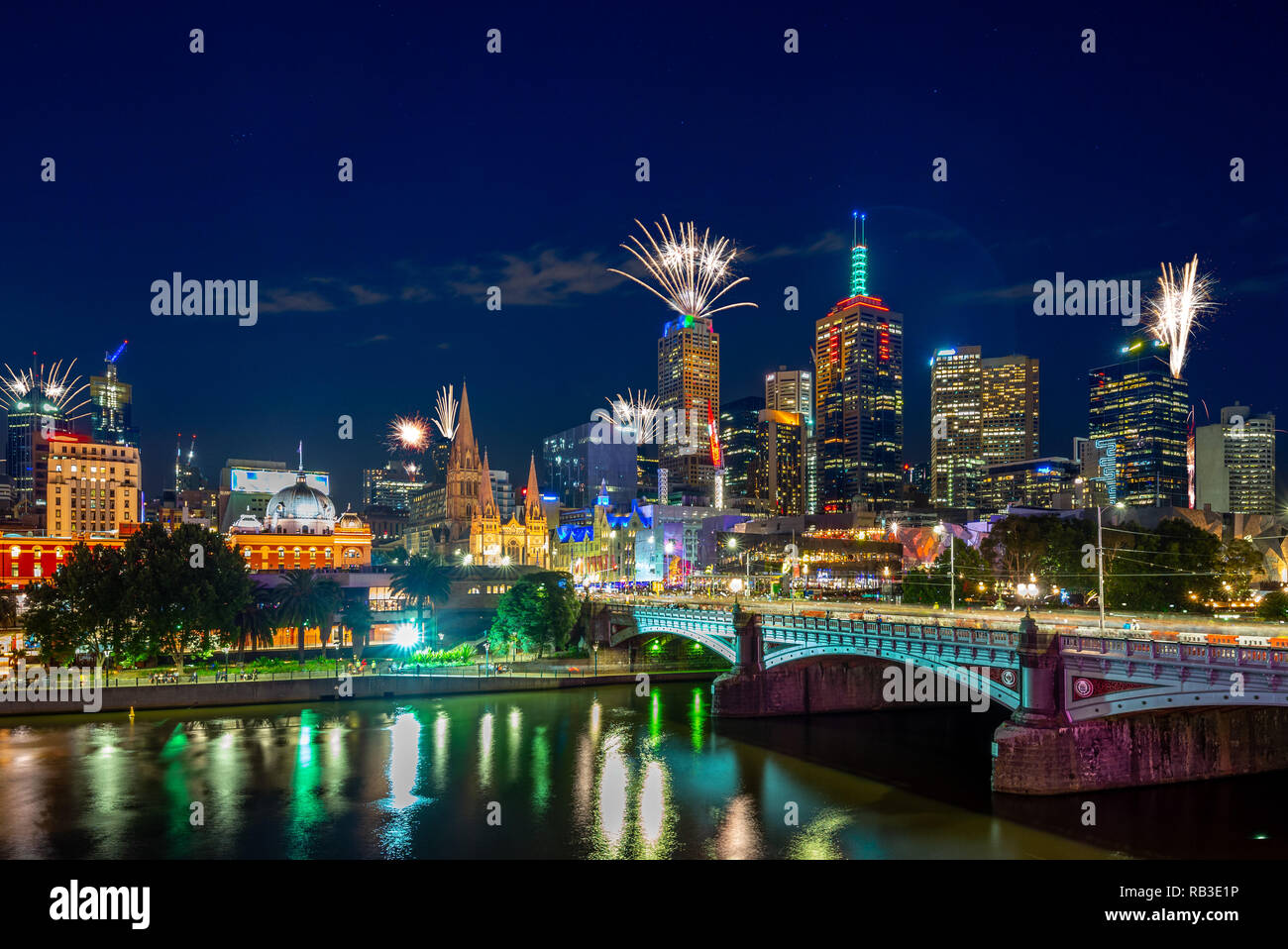 new year firework show in melbourne, australia Stock Photo