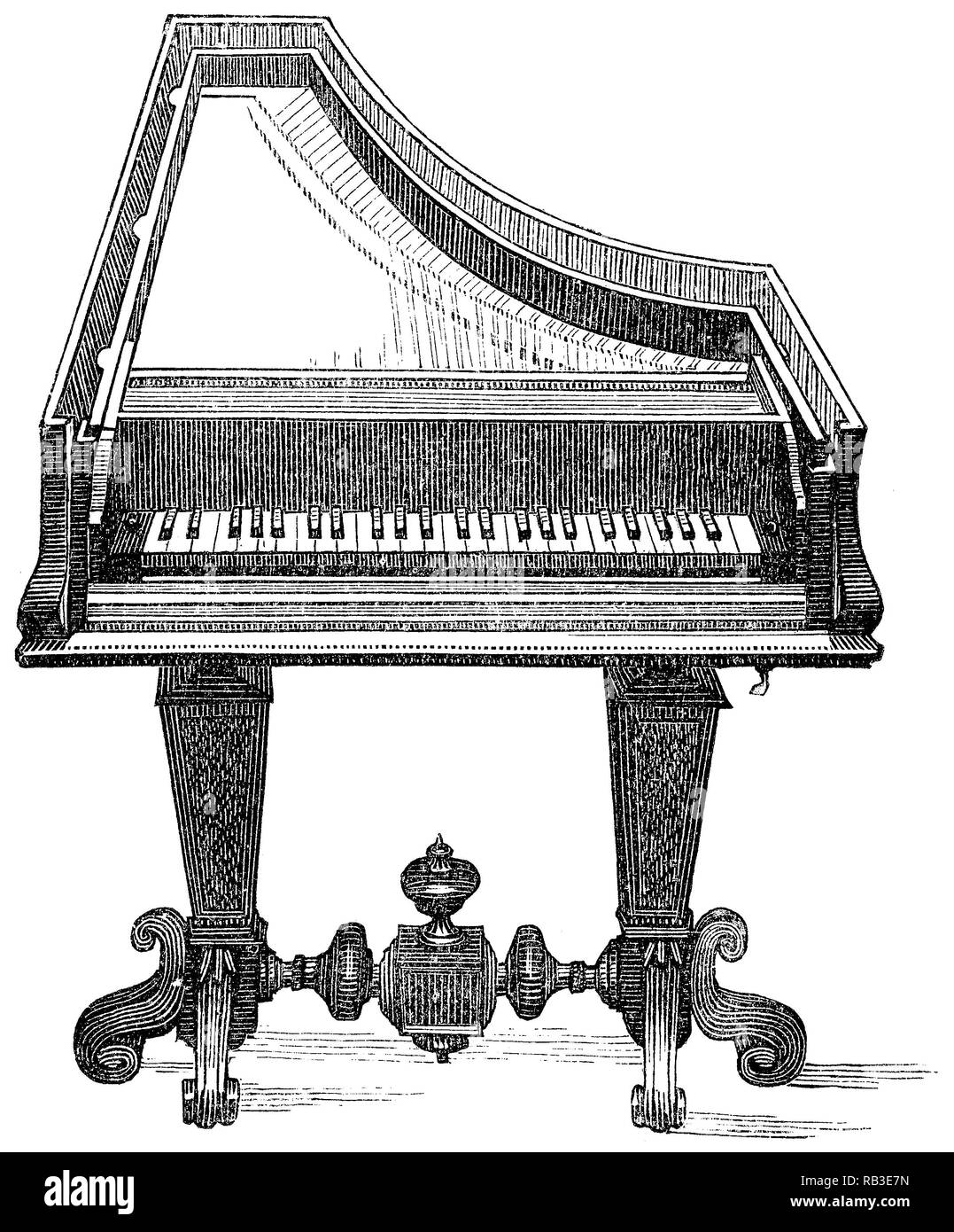 1884 engraving of an early piano by its inventor, Bartolomeo Cristofori di Francesco. Stock Photo